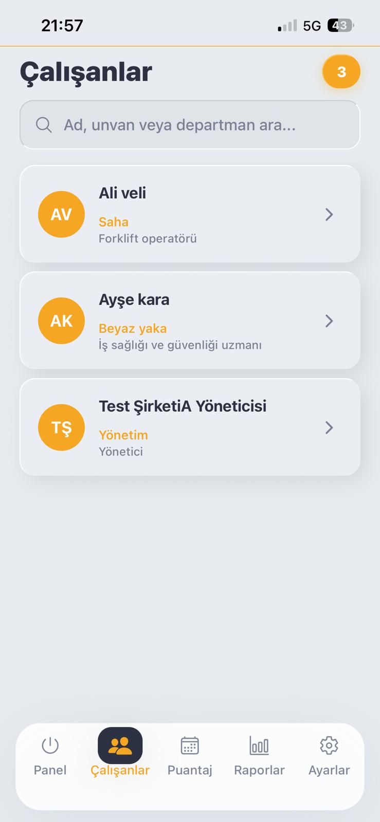 Çalışan listesi ekranı