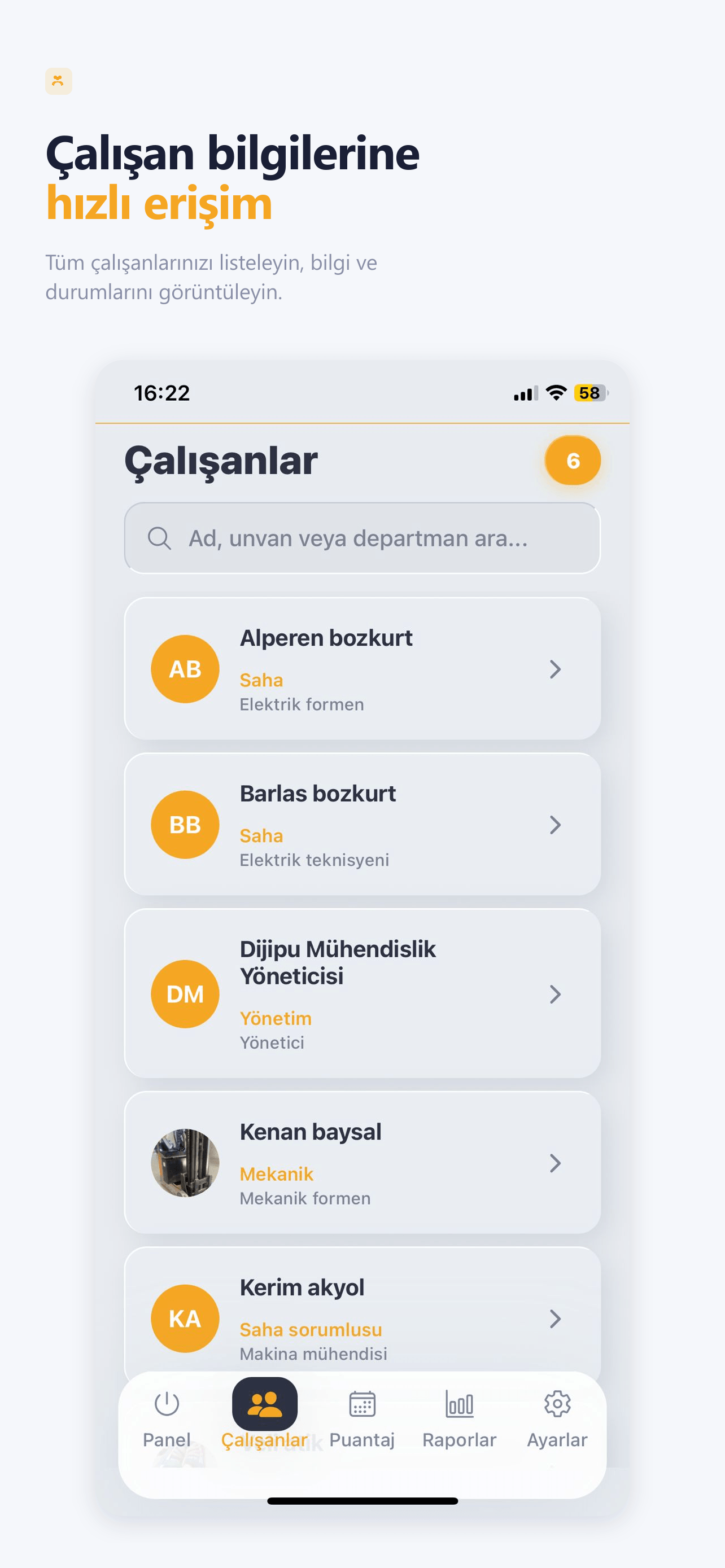 Çalışan listesi ekranı