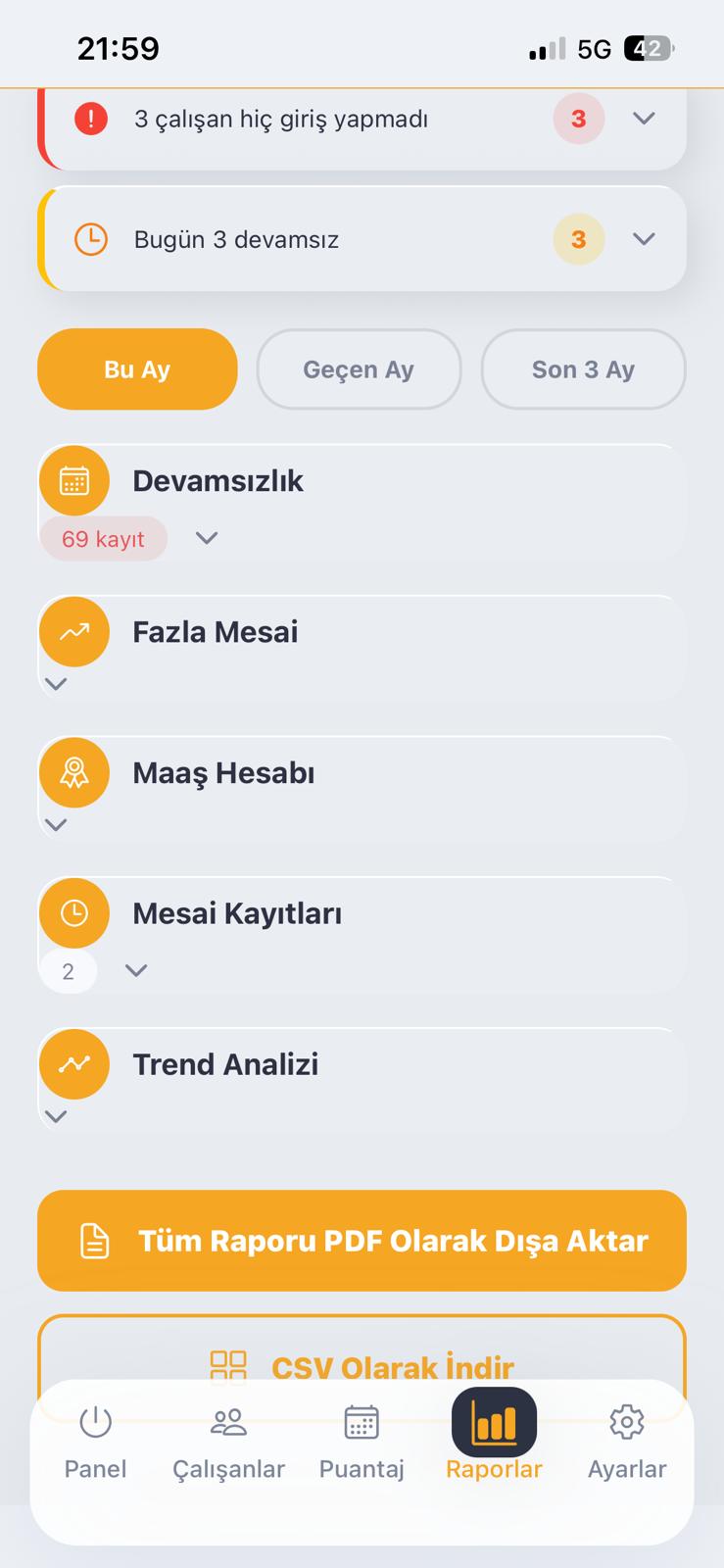 dijiPU raporlar ve dışa aktarma ekranı