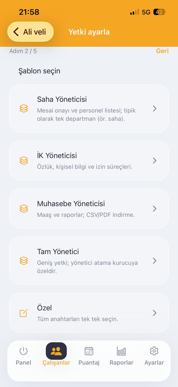 dijiPU rol ve yetki şablonları ekranı
