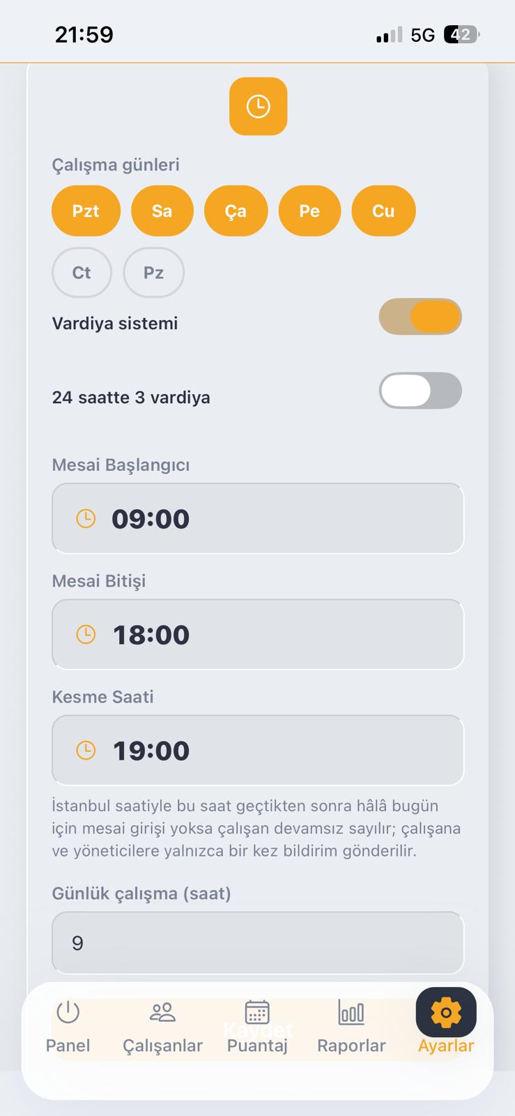 dijiPU çalışma günü ve mesai ayarları ekranı